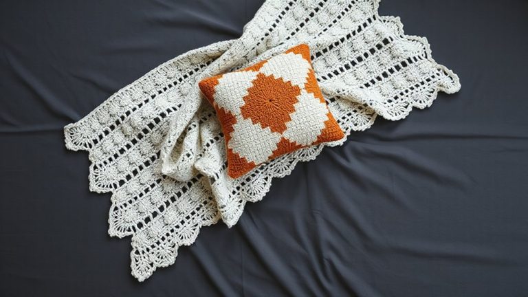 cozy crocheted blanket with patterned pillows